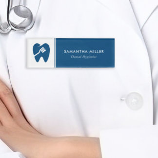 Badge D'identification Logo Dentiste Personnalisé Blanc et bleu marine