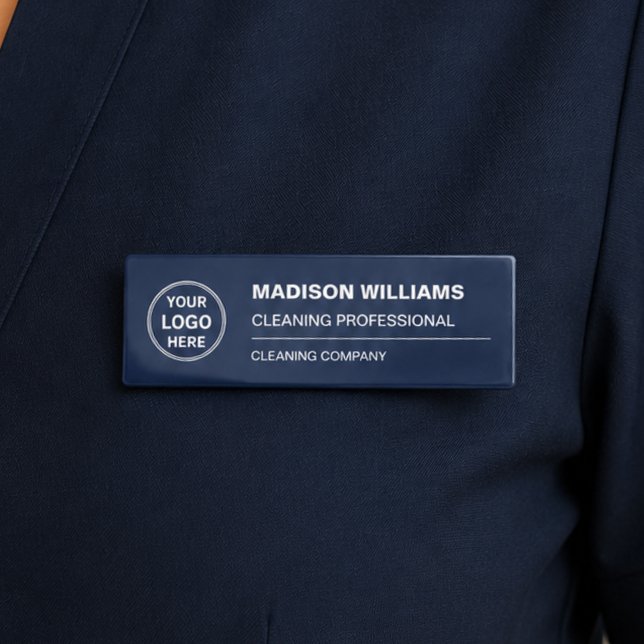 Badge D'identification Logo des services de nettoyage modernes Bleu marin (Modern Cleaning Services Logo Navy Blue Name Tag)