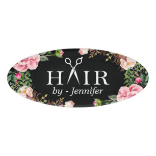 Badge D'identification Logo floral Girly de ciseaux de salon de coupe de