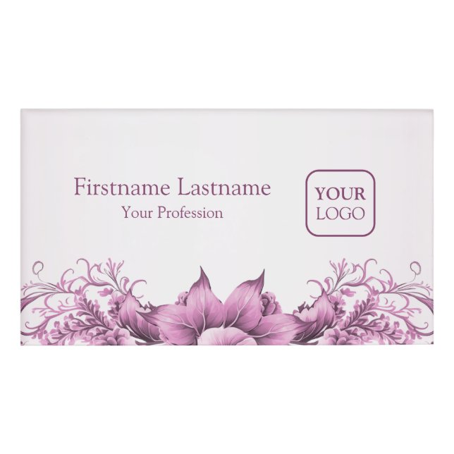 Badge D'identification Logo Personnalisé Fleurs Roses Cadre Élégant Moder (Devant)