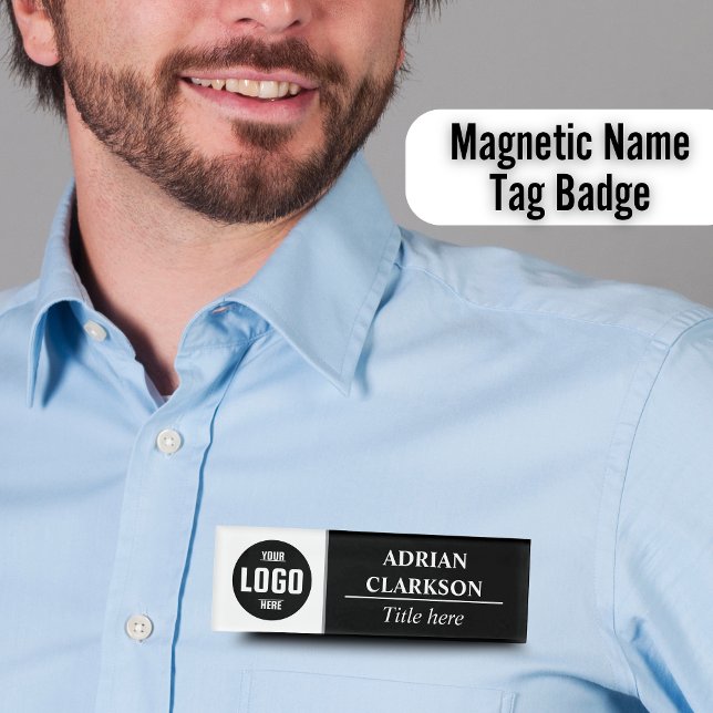 Badge D'identification Logo personnalisé Noir Blanc Nom magnétique Balise (Custom Logo Black White Magnetic Name Tag Badge)