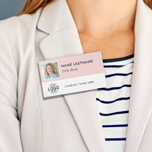 Badge D'identification Logo Photo Carré Rose Pâle Blanc Magnétique Grand