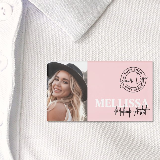 Badge D'identification Logo photo rose poudré (Blush Pink Script Logo Photo Makeup Name Tag)