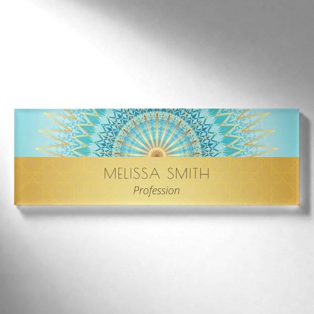 Badge D'identification Mandala géométrique turquoise or (Devant)