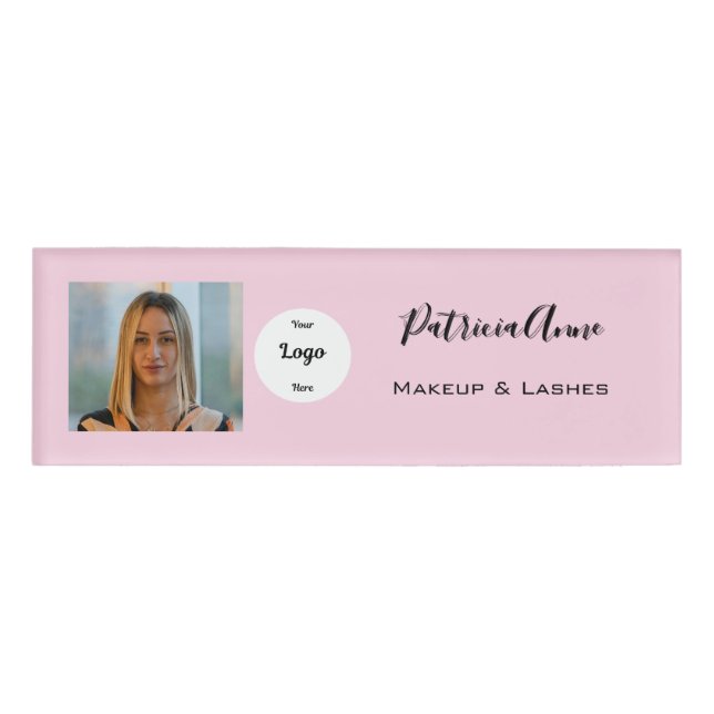 Badge D'identification Maquillage de logo photo de script rose élégant (Devant)
