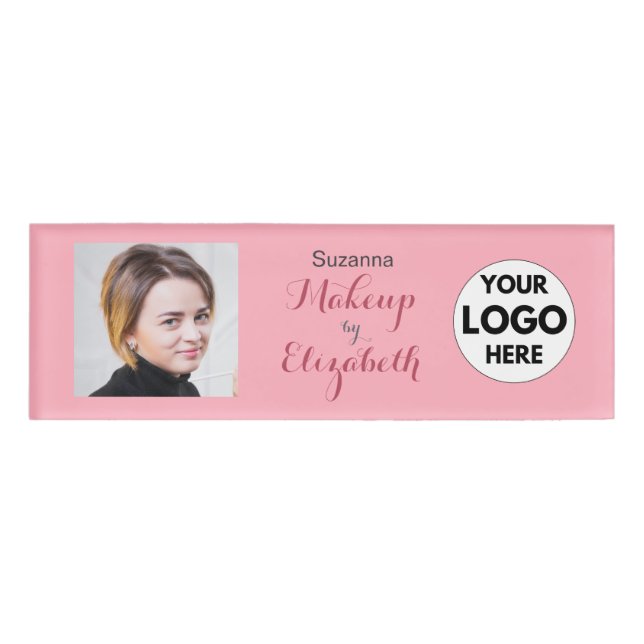 Badge D'identification Maquillage photo Logo Script Rose Pâle (Devant)