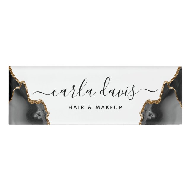 Badge D'identification Marbre noir et or Agate Script Signature (Devant)
