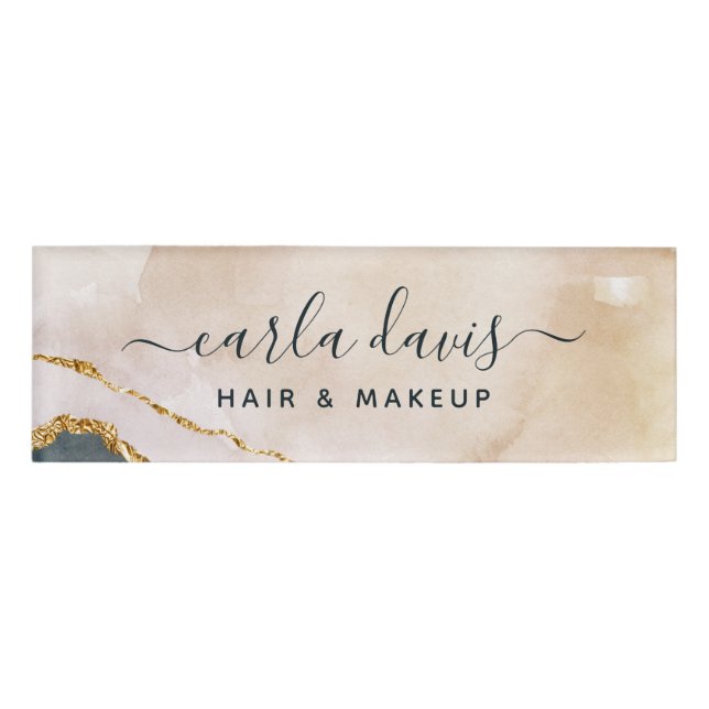 Badge D'identification Marbre Rose Noir Or Aquarelle Script Signature (Devant)