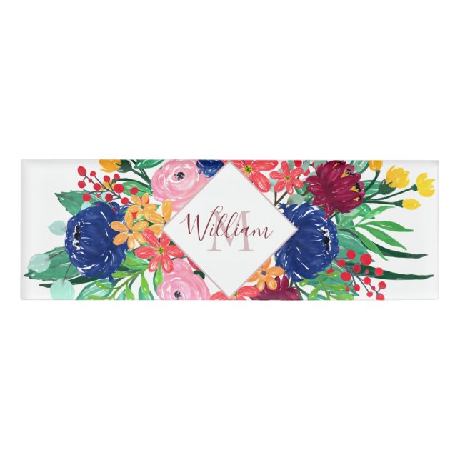 Badge D'identification Marine bleu et rouge aquarelle boho chic Fleurs (Devant)