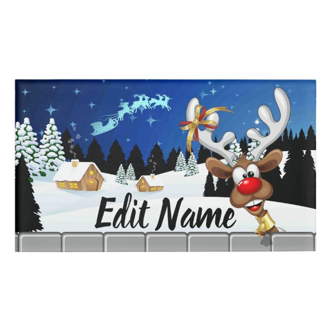 Badge D'identification Mème de Noël drôle de renne qui regarde par-dessus (Devant)