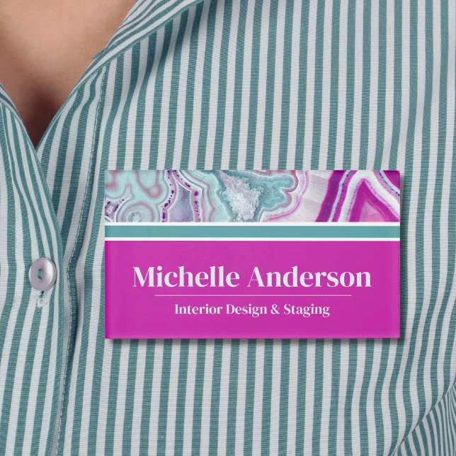 Badge D'identification Moderne Élégant Agate Stylé (Modern Elegant Teal Magenta Agate Stone Stylish Name Tag)