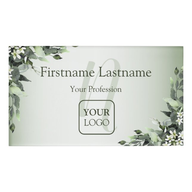 Badge D'identification Monogramme Custom Logo Verdure Floral Feuilles (Devant)