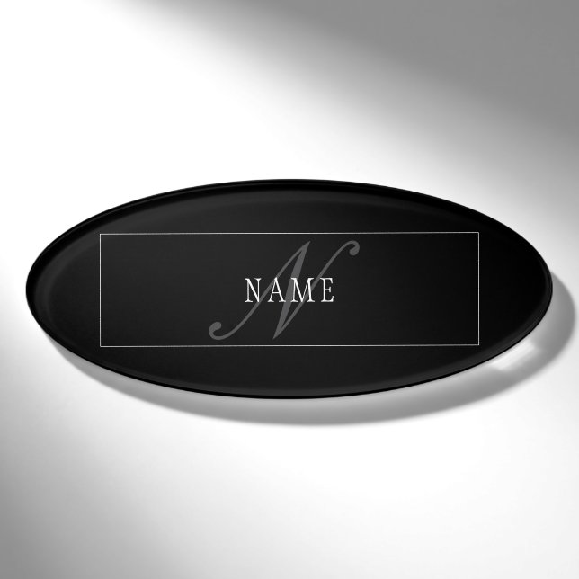 Badge D'identification Monogramme de script élégant modifiable noir gris  (Devant)