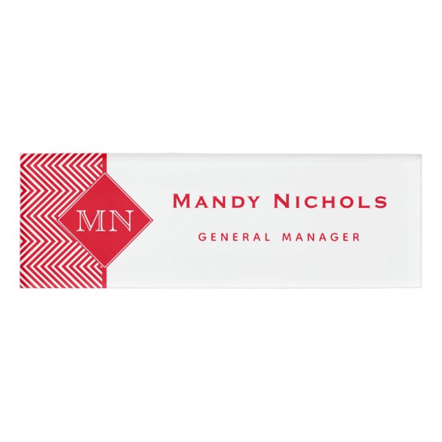 Badge D'identification Monogramme Motif Chevron Abstrait rouge et blanc (Devant)