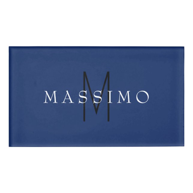 Badge D'identification Monogramme Noir Professionnel Bleu Votre Nom (Devant)