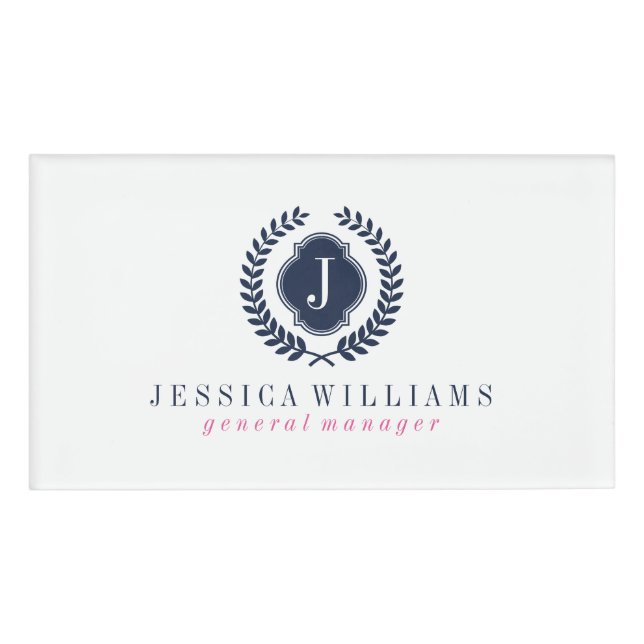 Badge D'identification Monogramme personnalisé de couronne bleue blanche  (Devant)