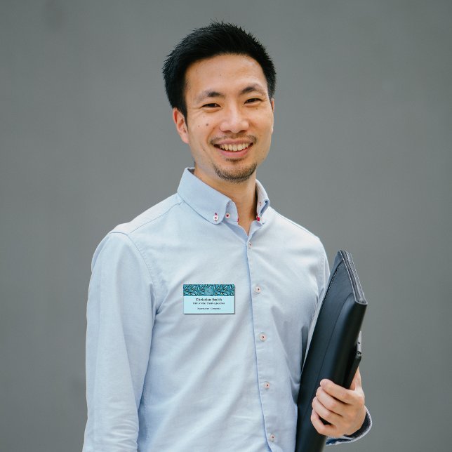 Badge D'identification Motif Feuille bilingue bleu turquoise (Blue leaves Name Badge Bilingual, Spanish, small busines supplies. Multilingual project)