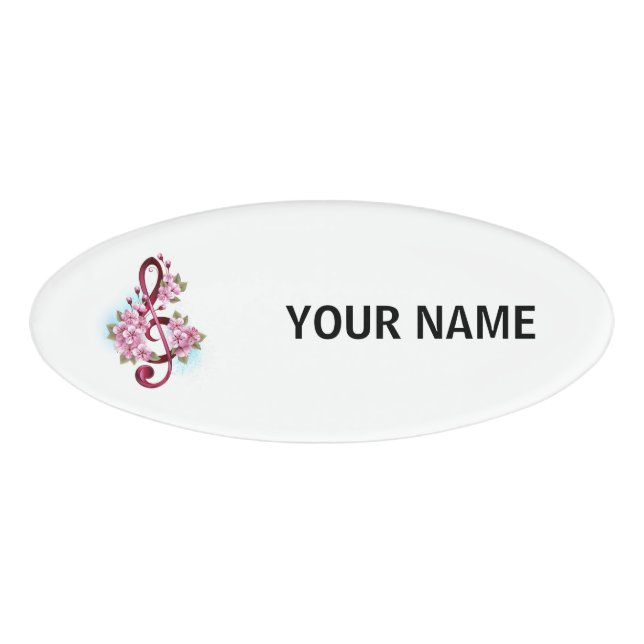 Badge D'identification Musical treble clef notes with sakura flowers (Devant)