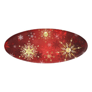 Badge D'identification Noël Golden Snowflakes sur Arrière - plan rouge