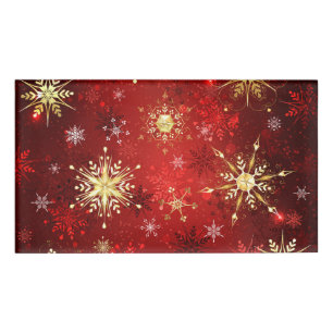 Badge D'identification Noël Golden Snowflakes sur Arrière - plan rouge