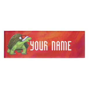 Badge D'identification Noël Tortue Sur Rouge