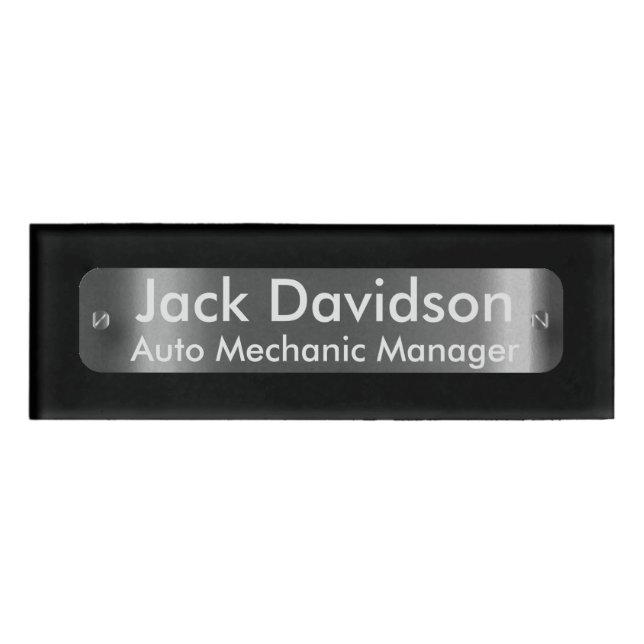 Badge D'identification Noir avec une plaque d'étiquette argent foncé -Per (Devant)