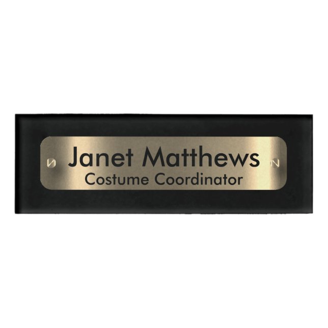 Badge D'identification Noir avec une plaque Étiquette or - Personnalisé (Devant)