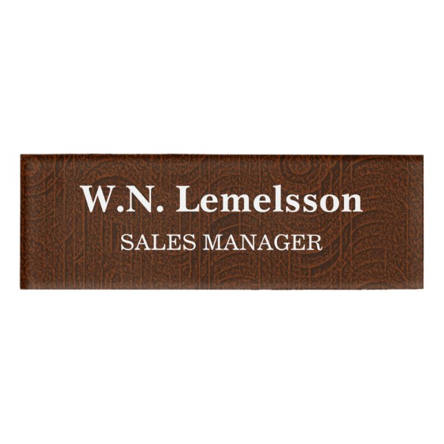 Badge D'identification Nom Et Titre Personnalisés Texture En Cuir Brown (Devant)