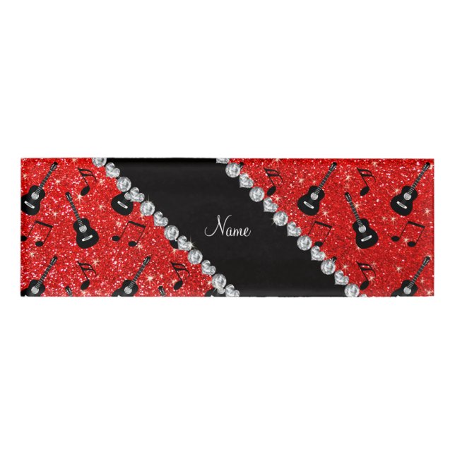 Badge D'identification Nom neon rouge parties scintillant guitares notes  (Devant)