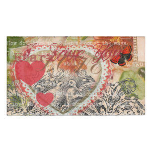 Badge D'identification Oiseaux de l'amour Cœur Rouge Collage d'art