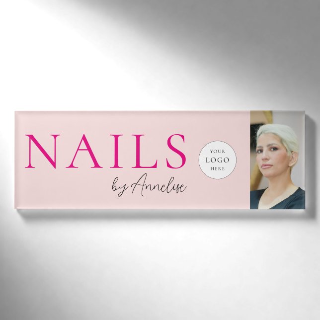 Badge D'identification Ongles Modernes Blush Rose Écriture Logo Photo Sty (Devant)