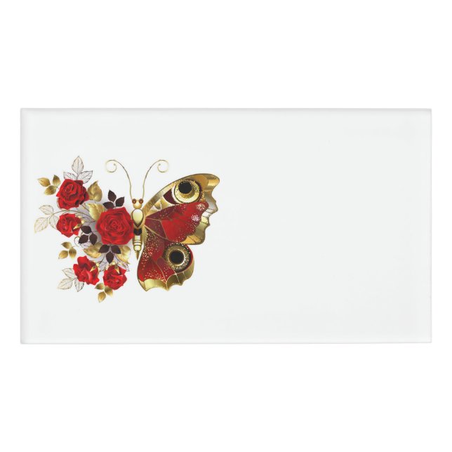 Badge D'identification Papillon de fleurs rouges aux roses rouges (Devant)