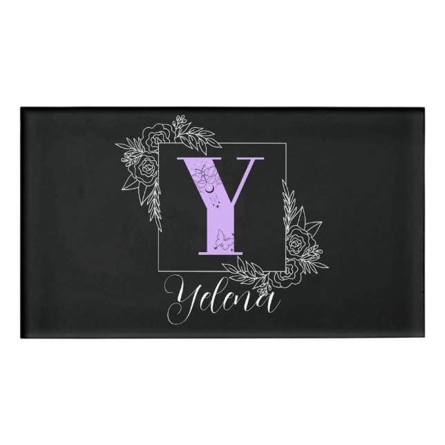 Badge D'identification Papillon floral pourpre Monogramme personnalisé -  (Devant)