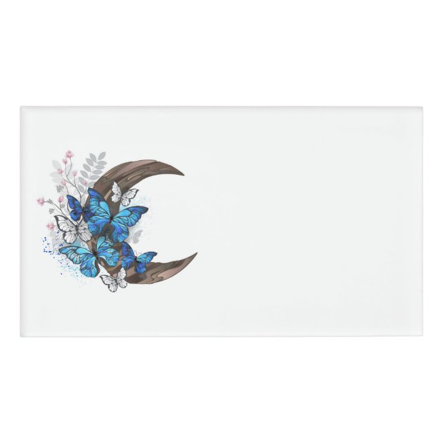 Badge D'identification Papillons bleus sur croissant en bois (Devant)
