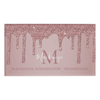 Badge D'identification Parties scintillant rose à goutte d'or Monogramme