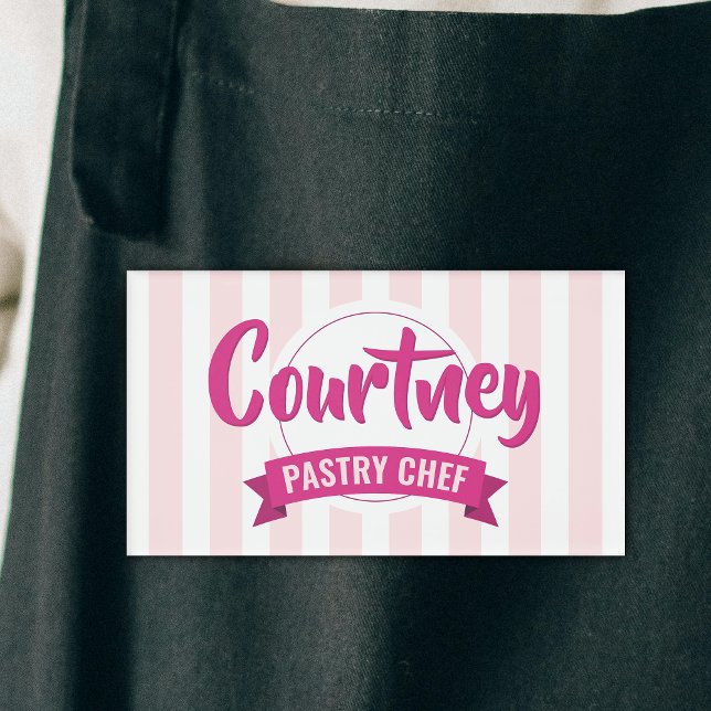 Badge D'identification Pâtissier Gâteau Rayures Rose Tendance (Créateur téléchargé)