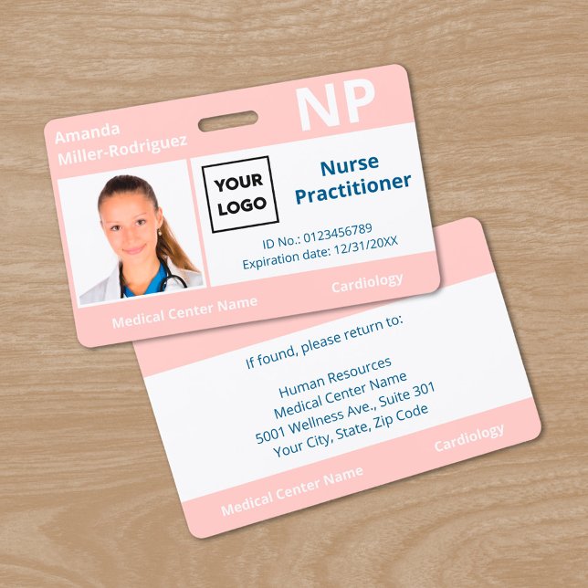 Badge d'identification personnalisé avec logo d'em (Custom Hospital Employee Logo Pink Photo ID Badge, front/back)