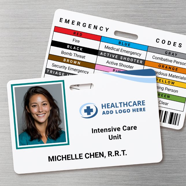 Badge d'identification personnalisé avec photo pou (Double-sided photo ID badge with custom emergency codes and barcode image)