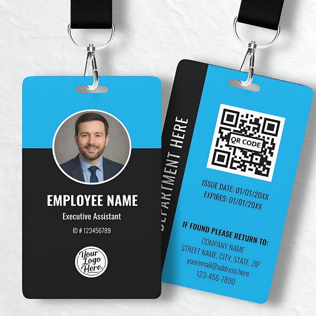 Badge d'identification personnalisé moderne bleu n (Custom Modern Blue Black Photo Employee ID Badge)