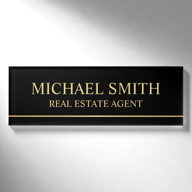 Badge D'identification Personnalisé Professionnel Noir et Or (Devant)