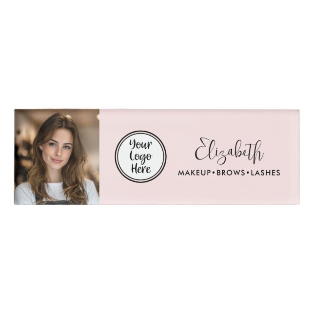 Badge D'identification Photo Blush Pink Script Add Your Logo Makeup Salon (Devant)