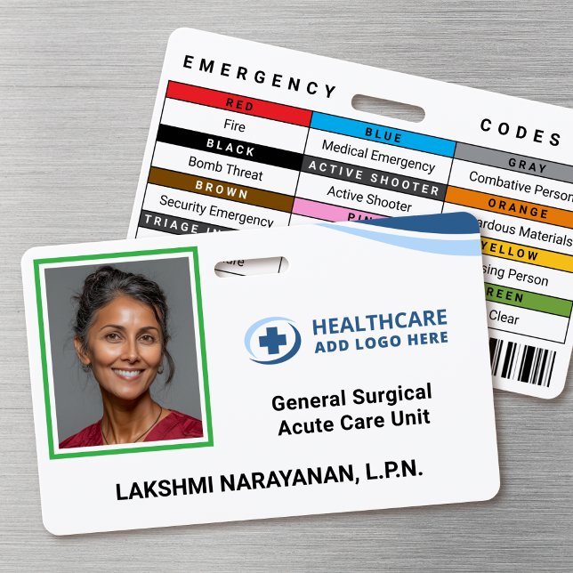 Badge d'identification photo codé par couleur pour (Double-sided photo ID badge with custom emergency codes and barcode image)