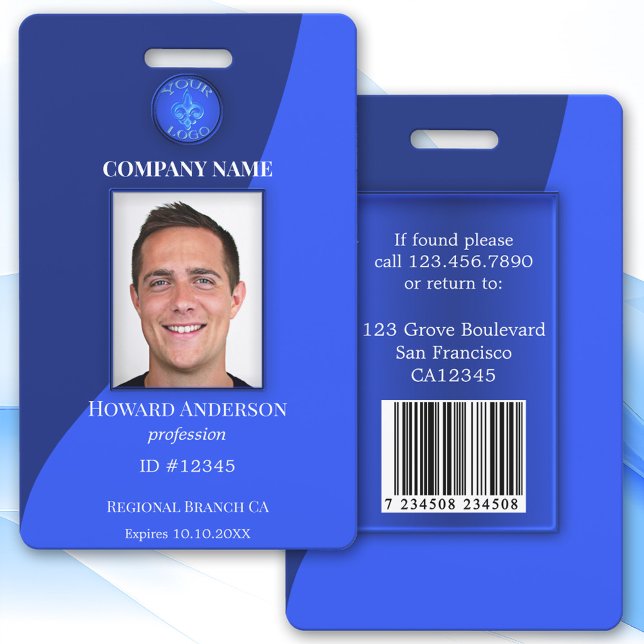 Badge d'identification photo de l'employé bleu mod (Modern blue design photo ID badge with space for your custom photo, logo, QR code or bar code)