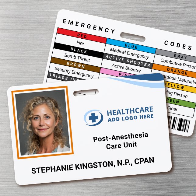 Badge d'identification photo de tout employé de l' (Double-sided photo ID badge with custom emergency codes and barcode image)