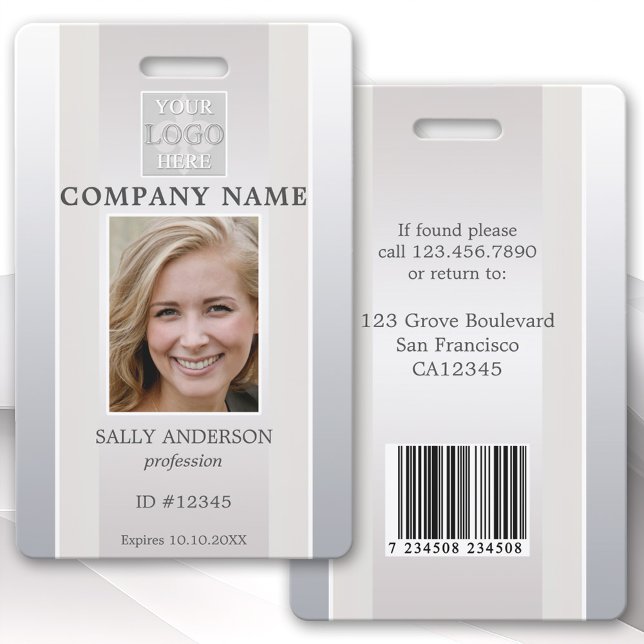 Badge d'identification photo élégant argent beige  (Elegant silver beige photo ID badge with space for your custom photo and logo, bar code or QR code)