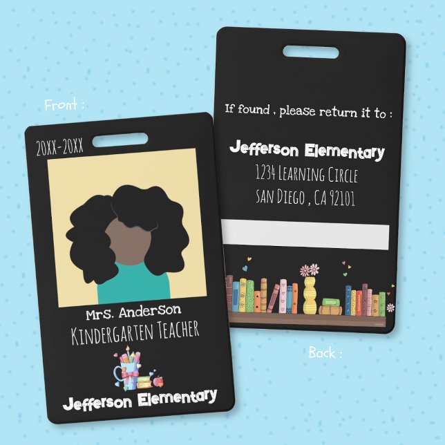 Badge d'identification photo noir vertical pour éc (Educator black vertical double-sided employee photo ID badge . )