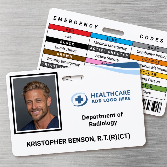 Badge d'identification photo personnalisé pour les (Double-sided photo ID badge with custom emergency codes and barcode image)