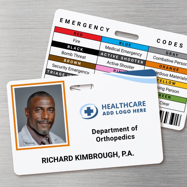 Badge d'identification photo personnalisé pour les (Double-sided photo ID badge with custom emergency codes and barcode image)