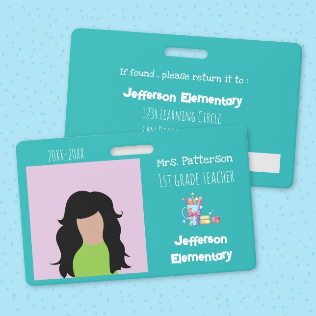 Badge d'identification photo sarcelle de l'enseign (Teal horizontal teacher photo ID badge .)