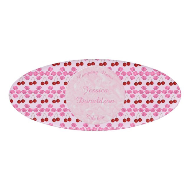 Badge D'identification Printemps rose Fleur de cerisiers et cerises à mot (Devant)